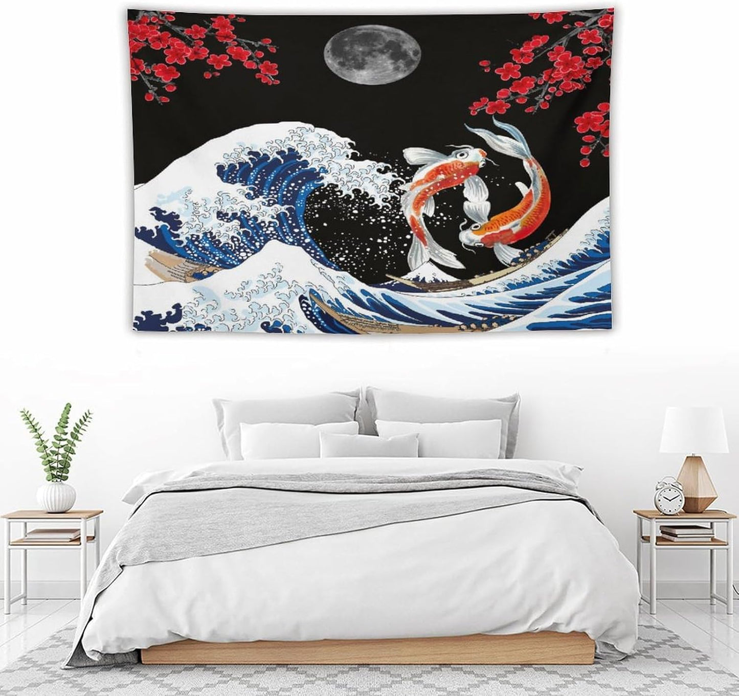 Houselerax Japanese Koi Fish Tapestry, Yin Yang Big Wave Red Cherry Blossom Tapestries Wall Hanging for Bedroom Living Room Office Decor 90"x60"