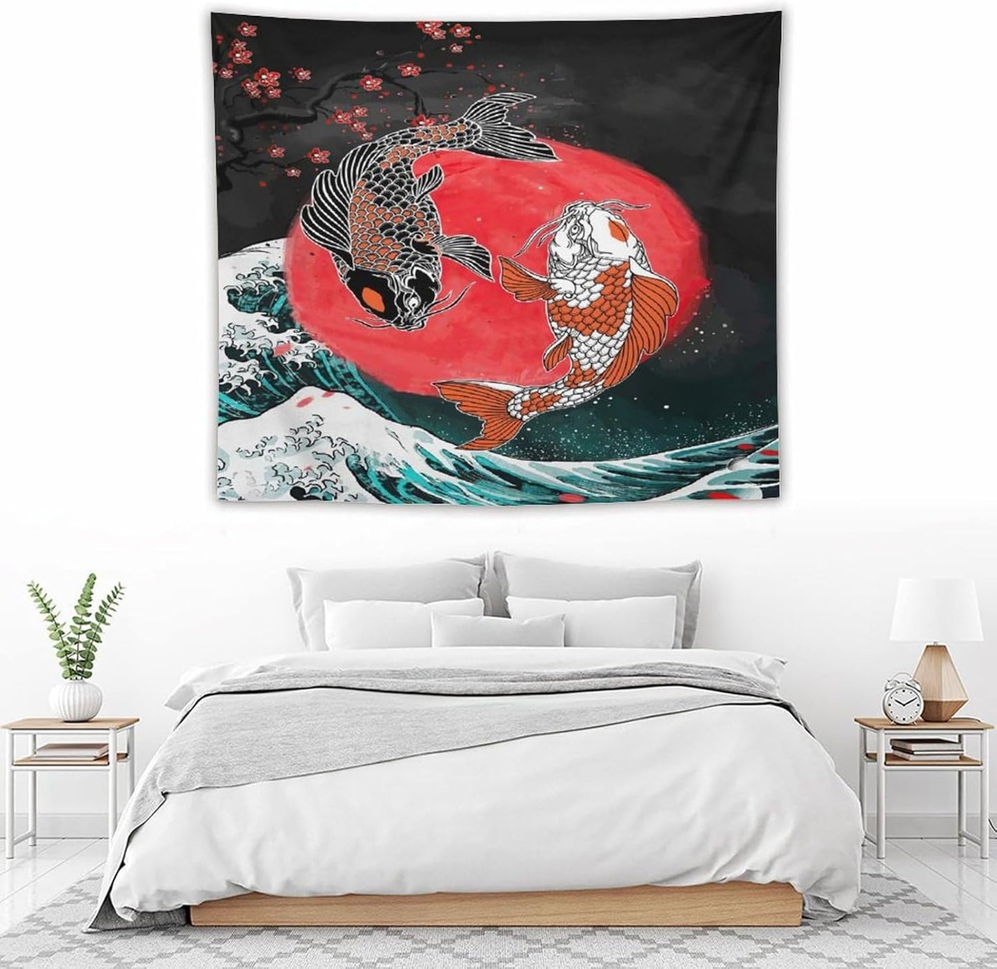 Houselerax Koi Fish Tapestries,Japanese Style Yin Yang Big Wave Cherry Blossoms Tapestry Wall Hanging for Bedroom Living Room Office Decor 60"x50"
