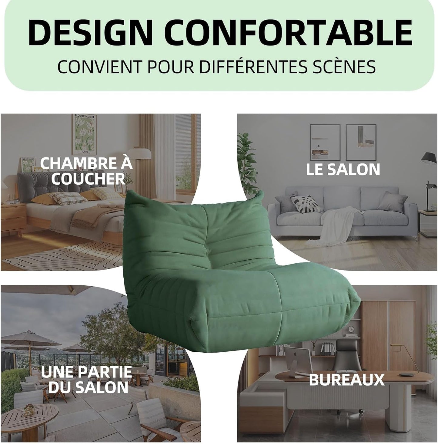 Modern Living Room Chair, Big Bean Bag Adult Floor Sofa, Togo Recliner Memory Foam Lazy Couch Suitable Balcony for Fireside Chair (Green)