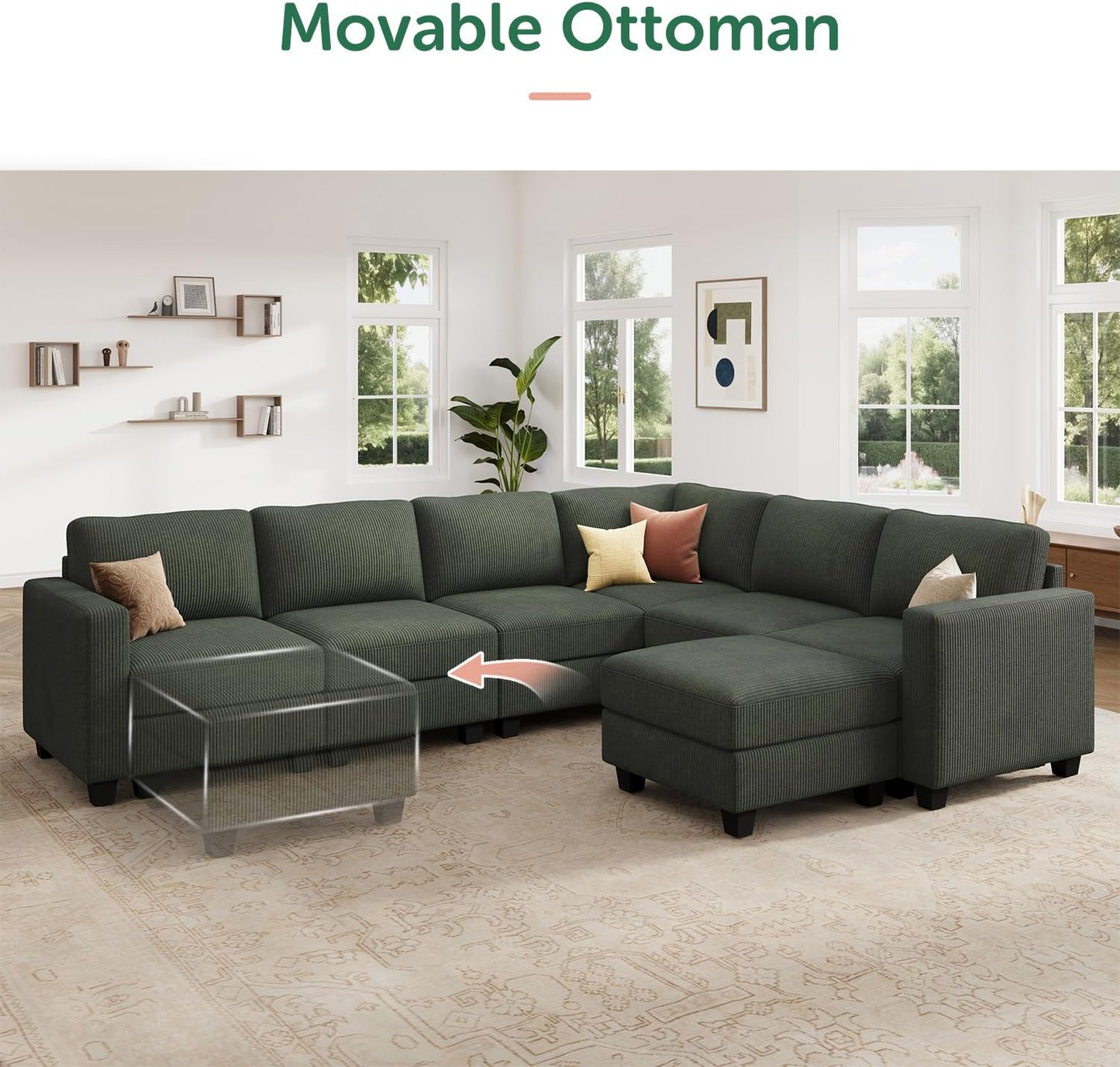 HONBAY Corduroy Modular Sectional Sofa with 5 Seaters, Sectional Corner Sofa with Chaise, L Shape Couches for Living Room, Green