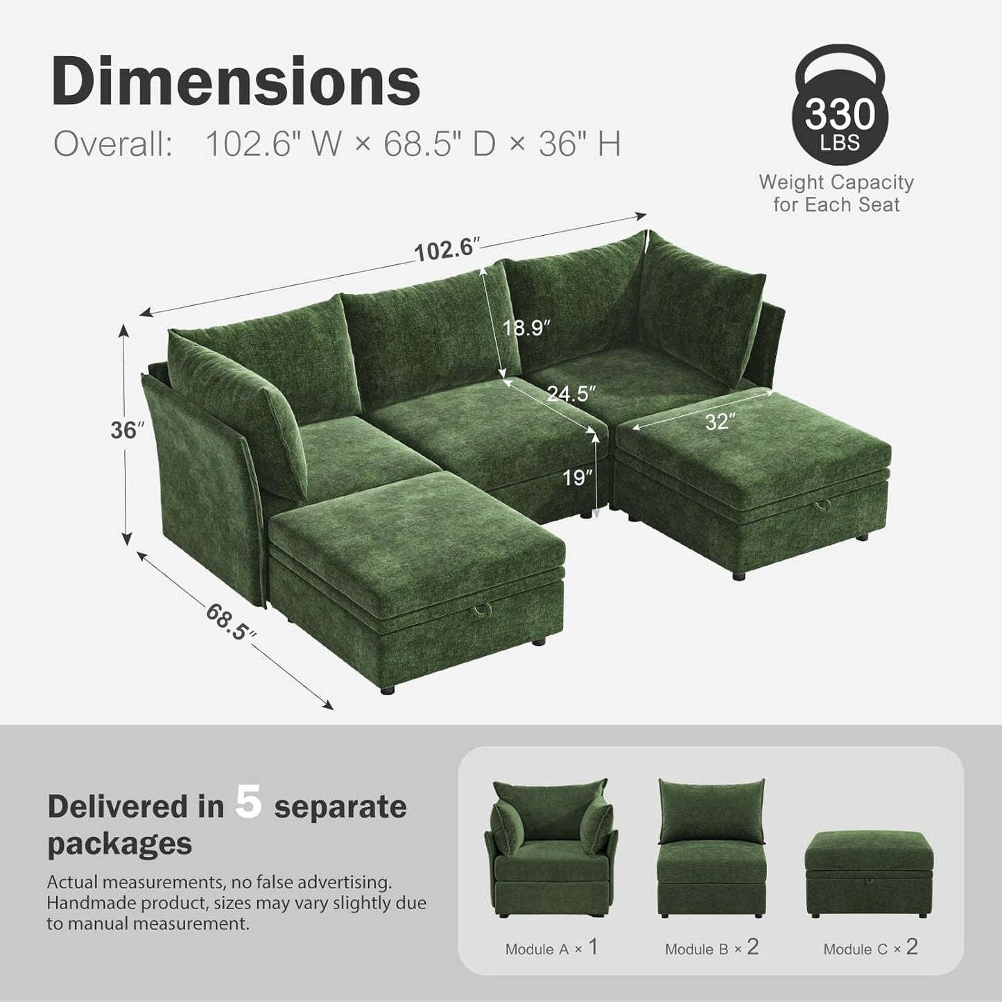 102.6" U Shaped Modular Sectional Sofa, 5 Seater Couch with Storage Ottoman Deep Seat and High Backrest with Removable Cover for Living Room, Apartment - Chenille Green