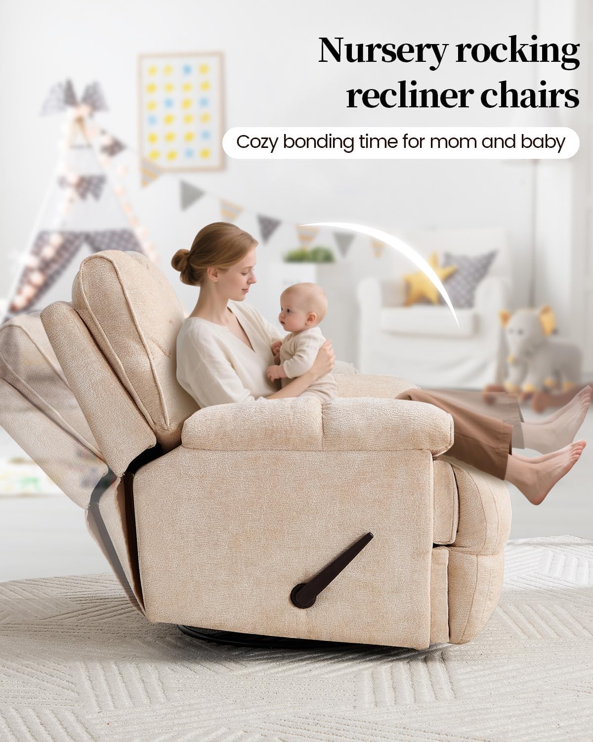 Oversized Recliner Chair Manual Swivel Rocker Recliner for Living Room Chenille Overstuffed Nursery Reclining Sofa Chair Rocking Recliners for Adults 400lbs (Manual, Beige)