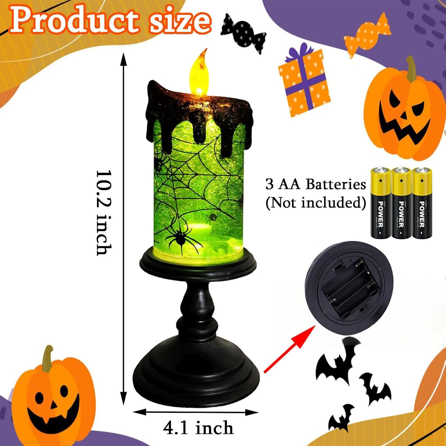 1.Halloween Snow Globe Tornado Flameless Candles Table Centerpiece for Celebration Party,Battery Operated LED Candle with 6 Hours Timer for Home Indoor Halloween Decoration (Spider)