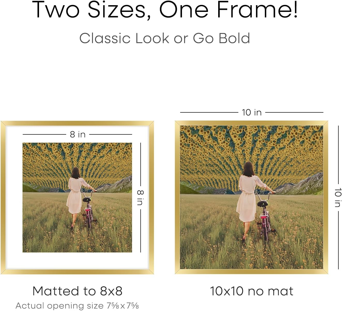 Homeforia Square 10x10 Gold Frame, High End Metal 10 by 10 Picture Frames with Mat 8 x 8, 10by10 Thin Poster Frame Matted to 8x8 inch Photo, Wall or Tabletop Frames, Tempered Glass, Wall Kit, Set of 1