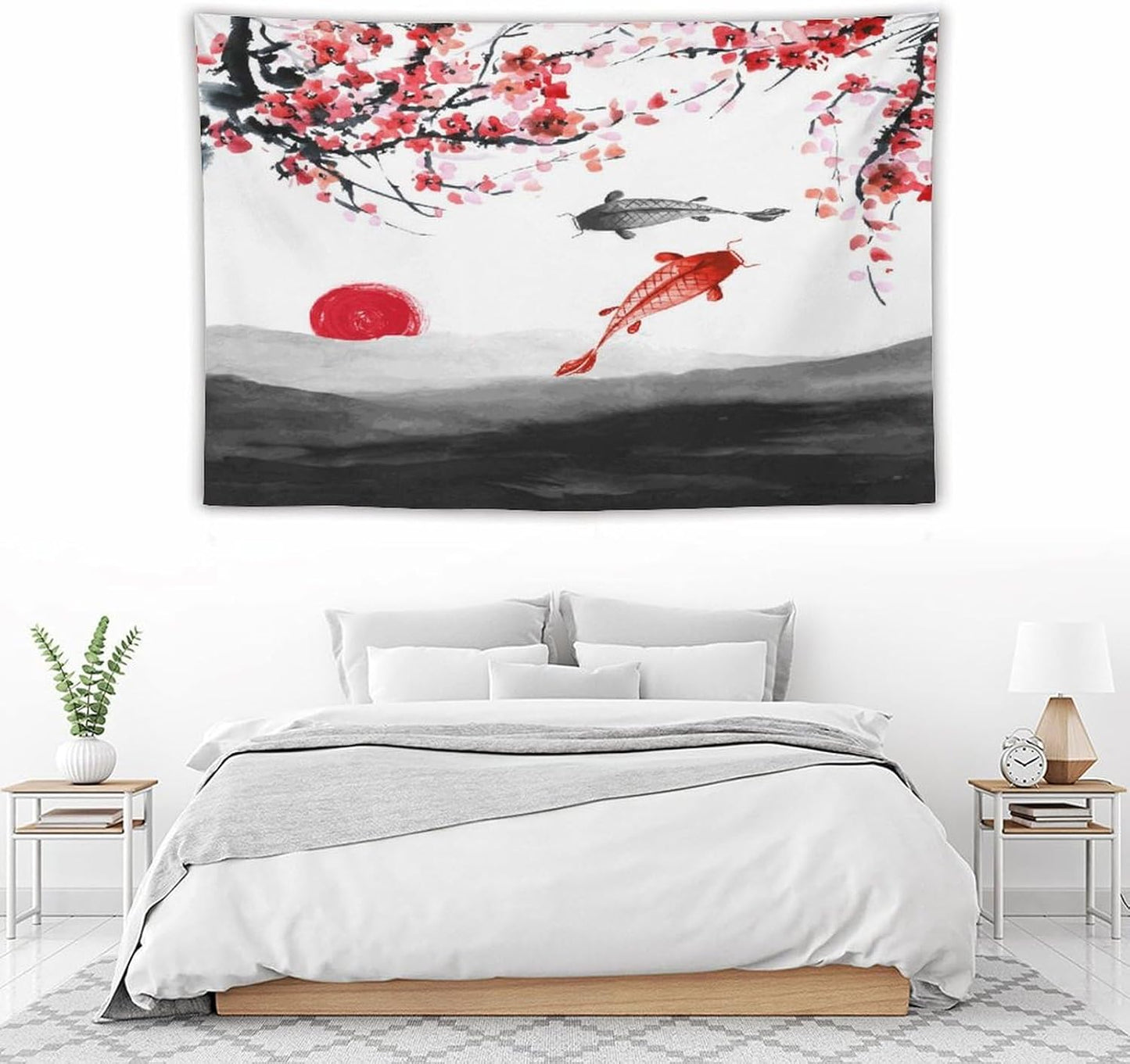 Houselerax Japanese Koi Fish Tapestries, Cherry Blossoms Asian Oriental Flower Branch Koi Fish Carp Tapestry Wall Hanging for Bedroom Living Room Office Decor 90"x60"