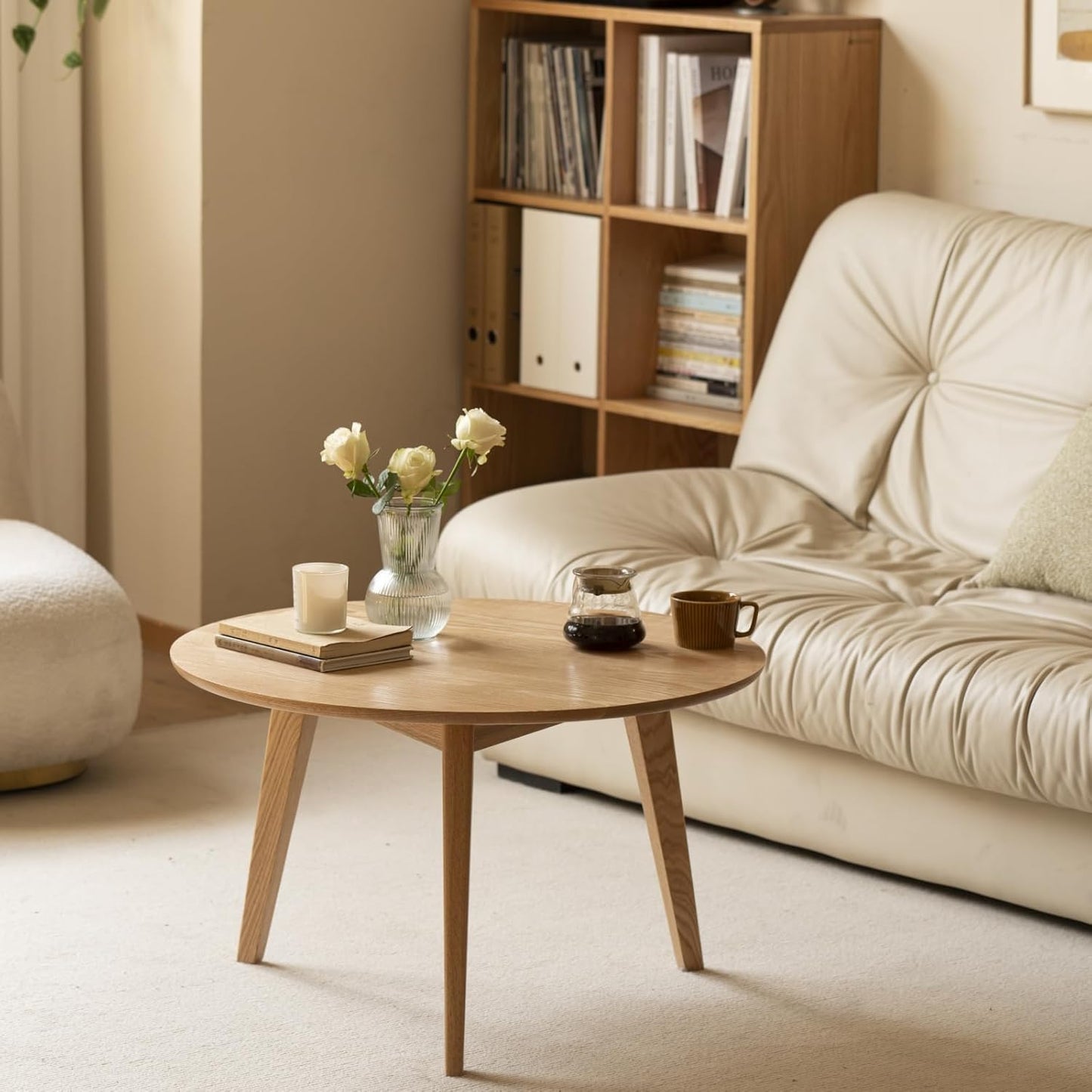 100% Solid Oak Wood Mini Coffee Table, Round Side Table w/Solid Wood Legs, Walnut Mid Century Coffee Table w/Sturdy Frame for Bedroom Balcony Living Room (29.53" D x 17.72" H)