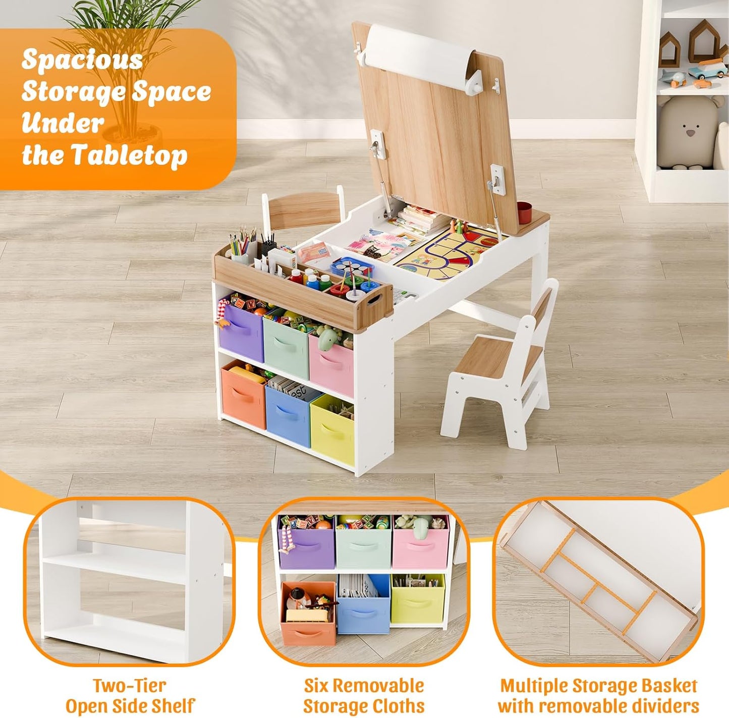 Kids Art Table and Chair - Toddler Craft Table and Chairs Set with 2 Chair & Bins, Kids Activity Desk with Paper Roll for Playrooms & Classroom, 44" L x 24" W, Natural