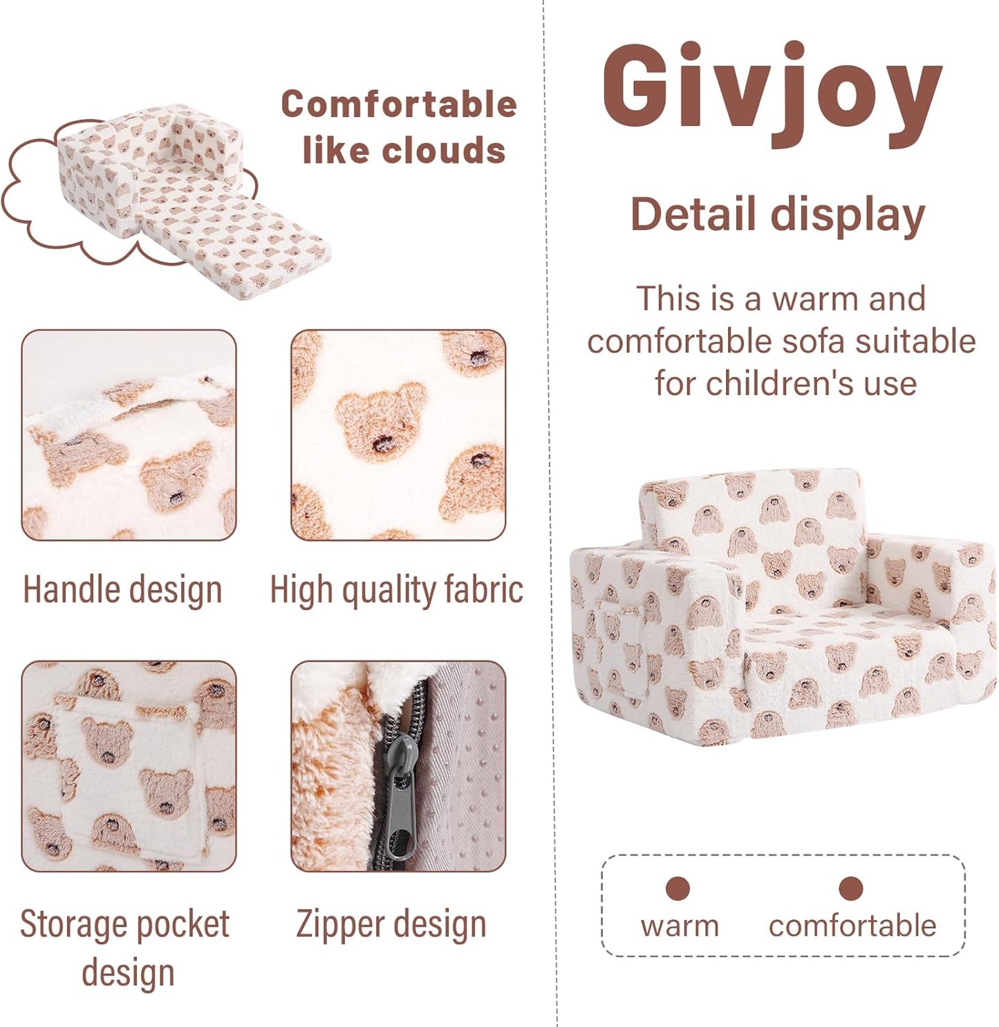 Toddler Chair Kids Couch, 2-in-1 Comfy Armchair with Removable and Washable Cover Carrying Handle, Convertible Reading Chair Toddler Couch for Girls and Boys