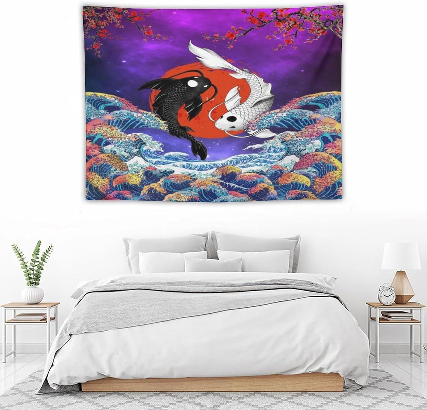 Houselerax Japanese Koi Fish Tapestry, Yin Yang Big Wave Cherry Blossom Tapestries Wall Hanging for Bedroom Living Room Office Decor 40"x30"