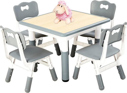 FUNLIO Kids Table and 4 Chairs Set, Height Adjustable Toddler Table and Chair Set for Ages 3-8, Easy to Wipe Arts & Crafts Table, for Classrooms/Daycares/Homes, CPC & CE Approved (5-Piece Set) - Gray