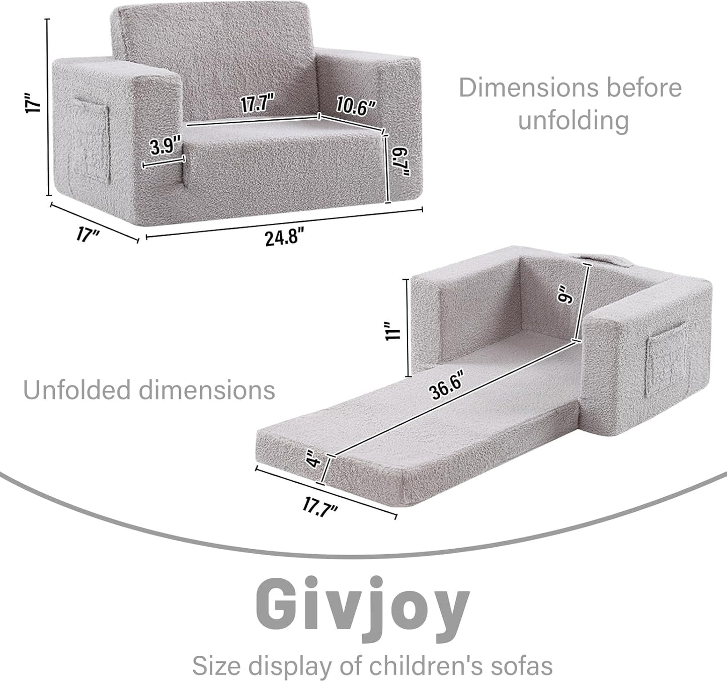 Toddler Chair Sherpa Kids Couch, 2-in-1 Toddler Soft Kids Sofa Toddler Lounger Chair for Bedroom, Convertible Toddler Couch for Girls and Boys, Reading Chair for Kids, Grey