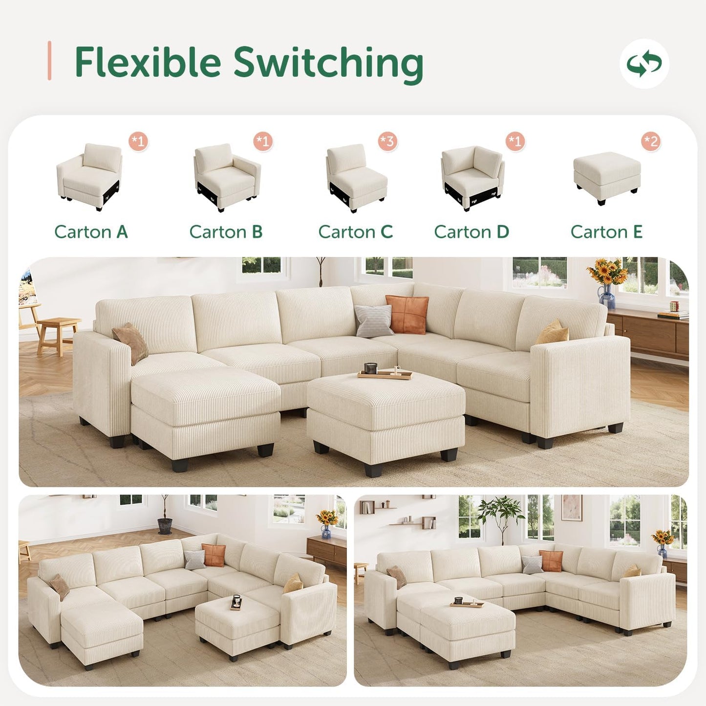HONBAY Corduroy Sectional Couch with Storage U Shaped Sectional Sofa Modular Sectional Couches for Living Room, Beige