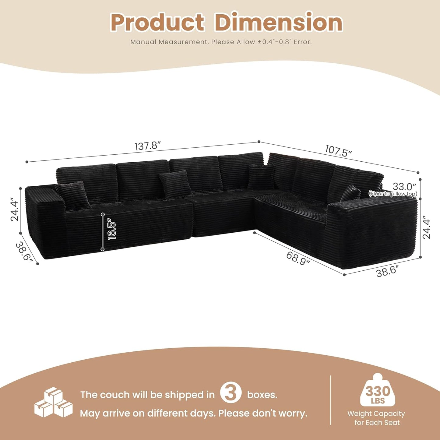 HOOOWOOO Cloud Sectional Couches for Living Room,Modular Sectional Sofa No Assembly,138X108 Inch Plush Corduroy Large L Shaped Floor Couch Set with Deep Seat(Black)