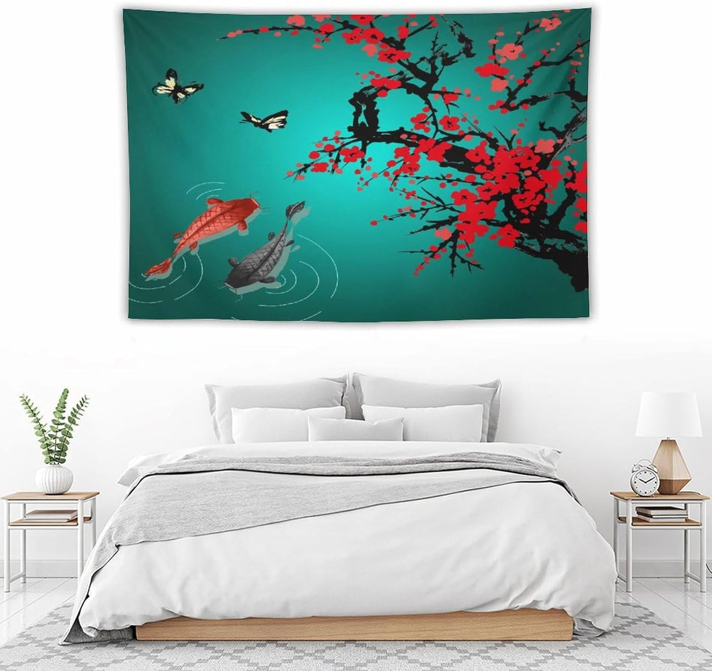 Houselerax Japanese Koi Fish Tapestry, Cherry Blossoms Asian Oriental Green Teal Floral Branch Koi Fish Carp Tapestries Wall Hanging for Bedroom Living Room Office Decor 60"x40"