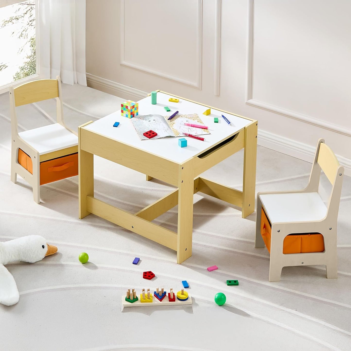 Kids Table and Chair Set, 3 in 1 Wooden Activity Table with Detachable Tabletop, Toddler Table and Chair Set with Storage Drawer, Kids Play Table for Children Art, Craft, Eating, Learning