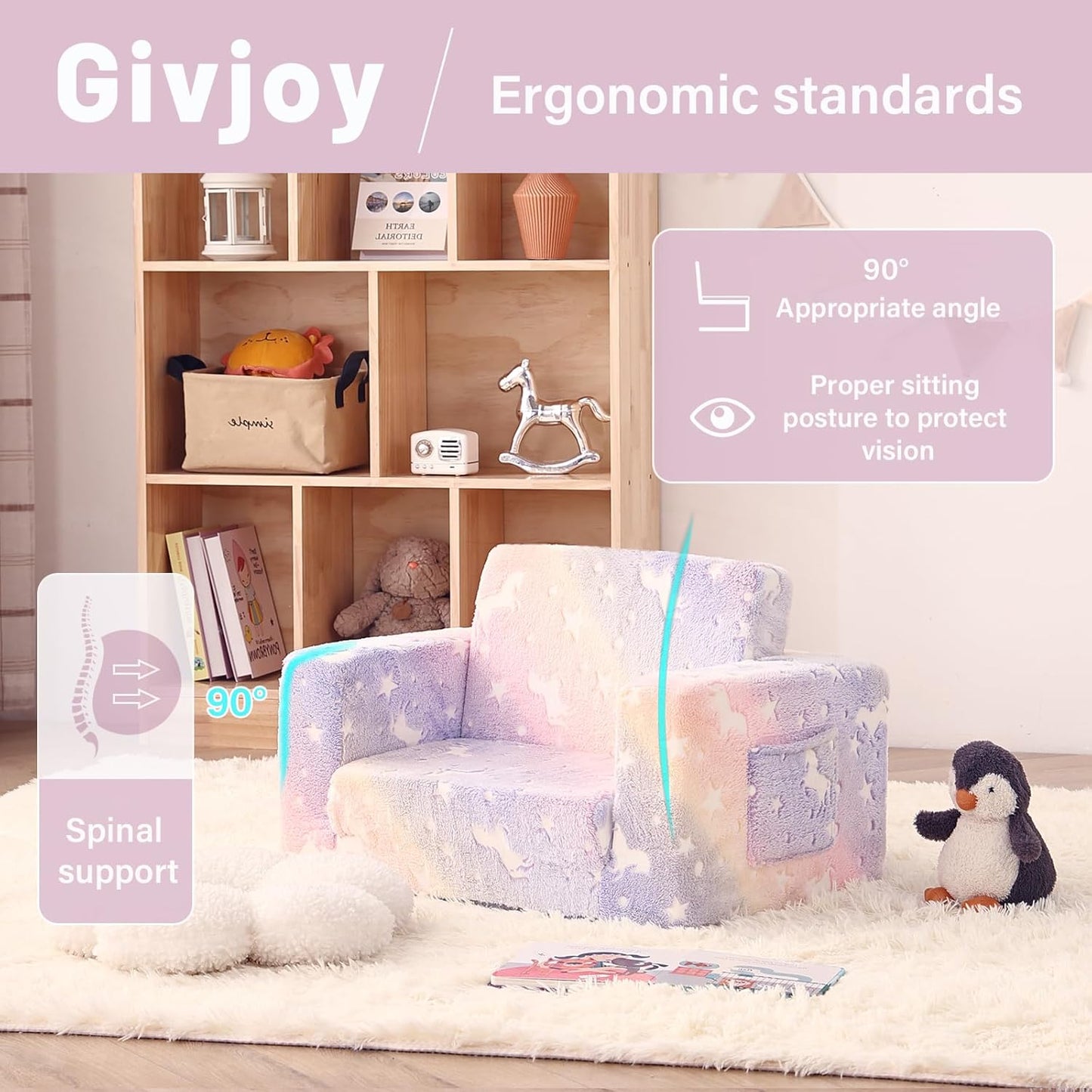 Toddler Chair Kids Couch, 2-in-1 Toddler Soft Sherpa Couch Fold Out Armchair with Removable Cover, Convertible Reading Chair Toddler Sofa for Kids, Glow in The Dark Purple Horse