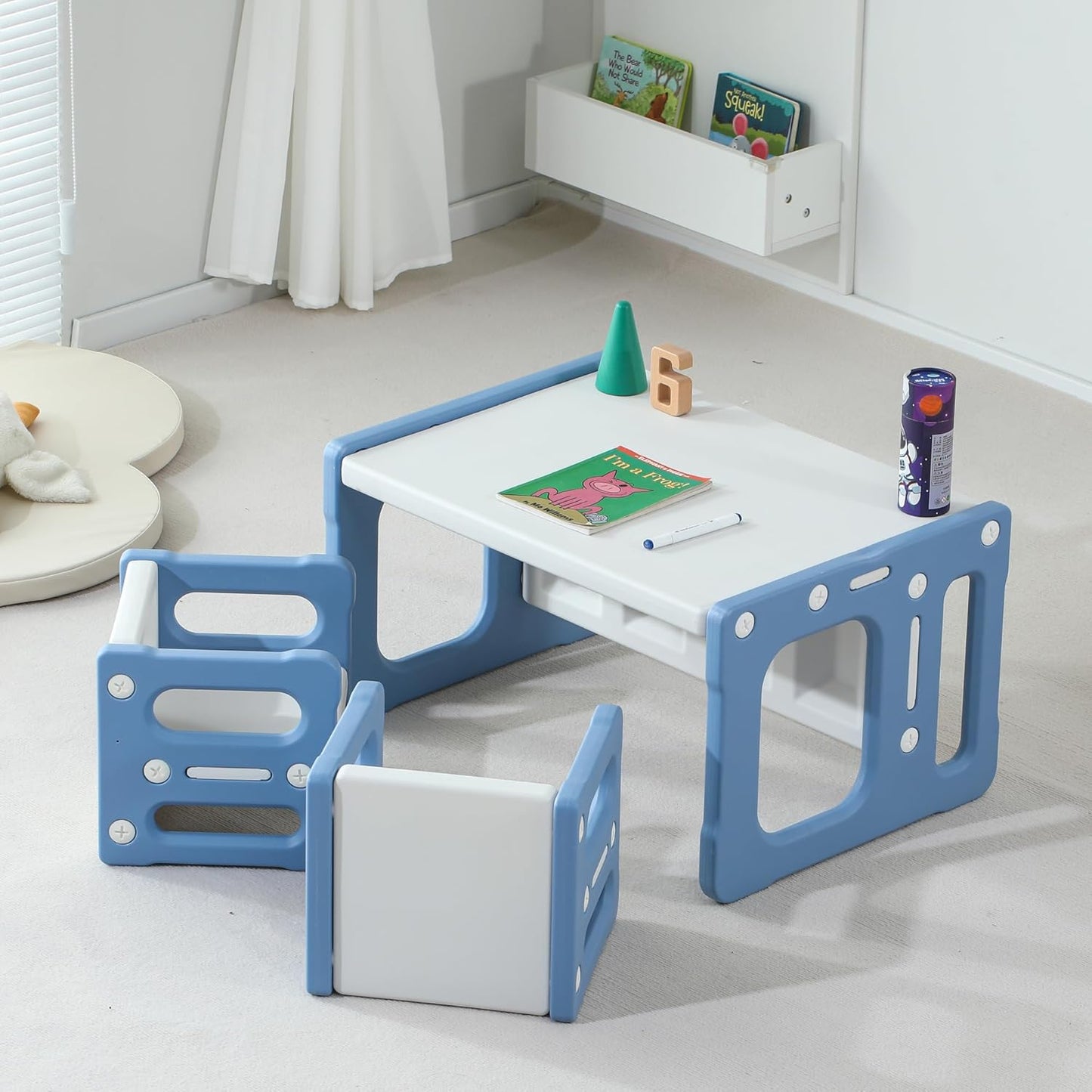 3 in 1 Montessori Weaning Table and 2 Chairs Set, Kids Activity Table Set, 2 Height Levels, Toddlers Activity Table for Drawing, Dining, Reading and Playing, Blue