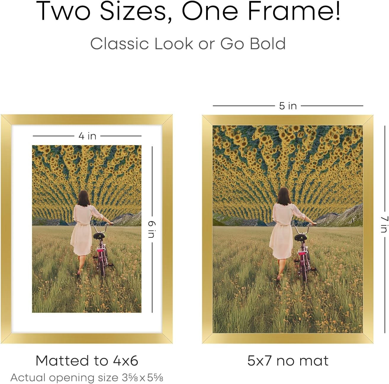 Homeforia 5x7 Picture Frame Gold, High End Metal 5 x 7 Gold Frames with Mat 4 x 6 for Print, 5by7 Desk Frame Matted to 4x6 inch Photo, 5 by 7 Wall or Tabletop Frame, Tempered Glass, Wall Kit, Set of 1