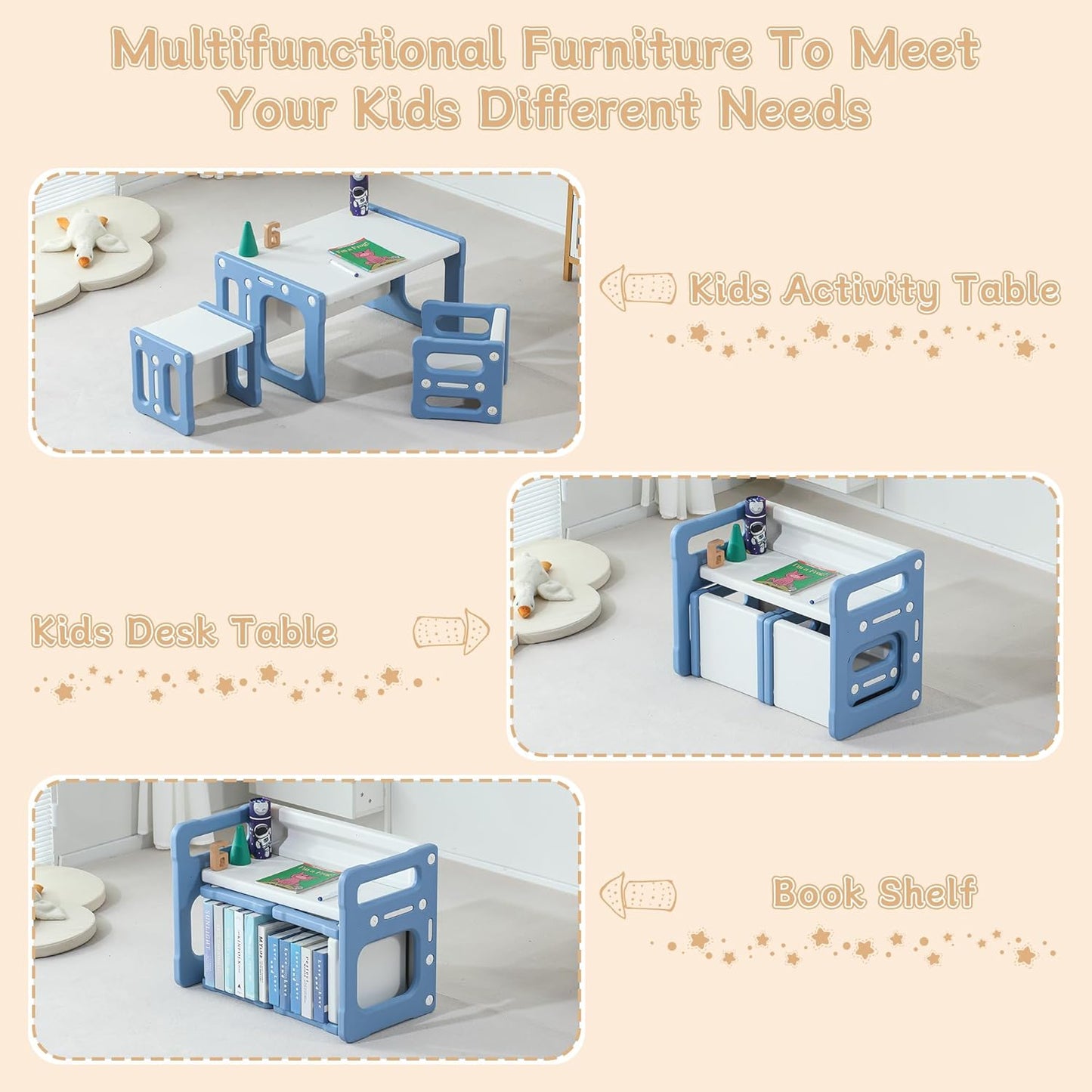 3 in 1 Montessori Weaning Table and 2 Chairs Set, Kids Activity Table Set, 2 Height Levels, Toddlers Activity Table for Drawing, Dining, Reading and Playing, Blue
