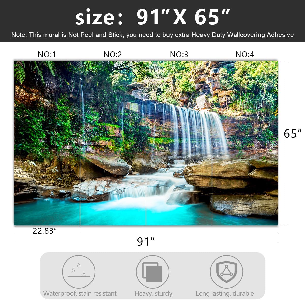 -Green Lake Waterfall Scenery Fabric Wallpaper Living Room Woodland Forest Mountain Bedroom Bathroom Wall Mural- 91"x65"（ not Peel and Stick）