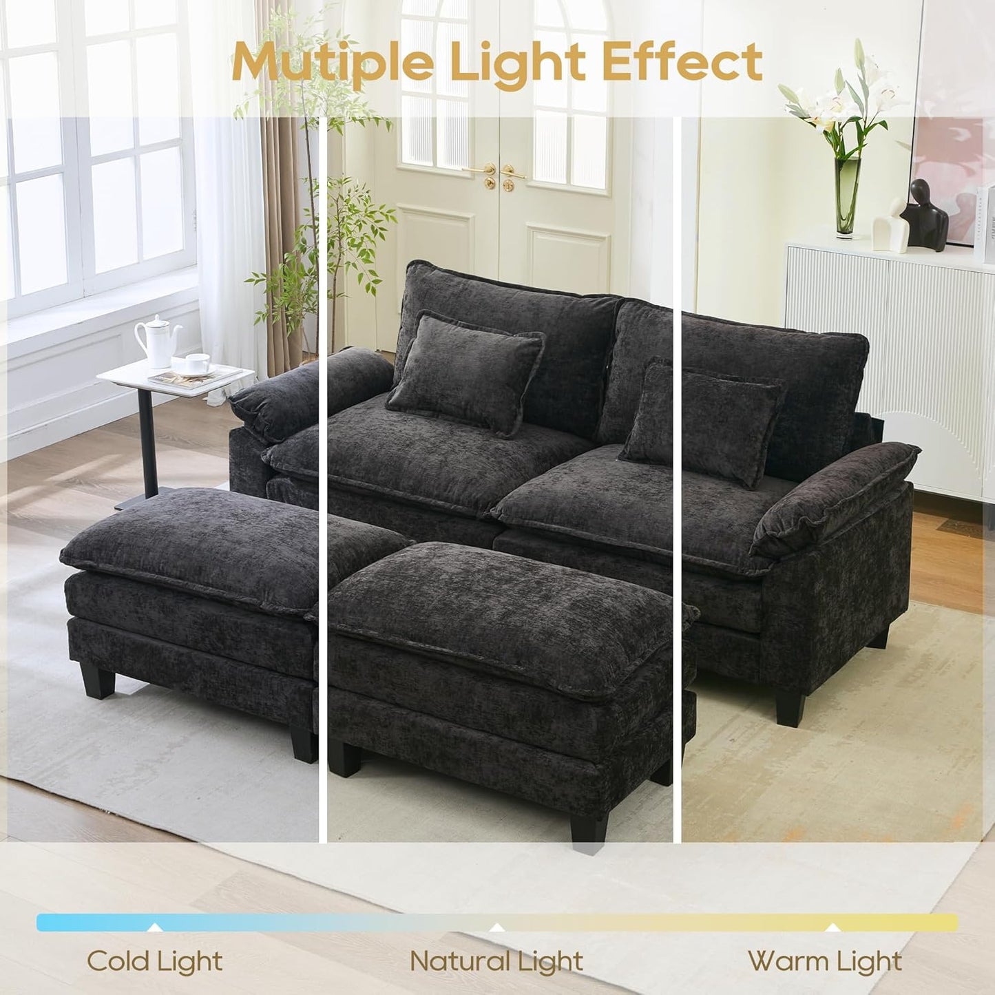 URRED Modular Sectional Sofa Comfy Cloud Couch, Modern Chenille Sofa Sleeper Deep Seat Couches with Ottoman/Pillows for Living Room (Black, 82.6''- 2 Ottomans)