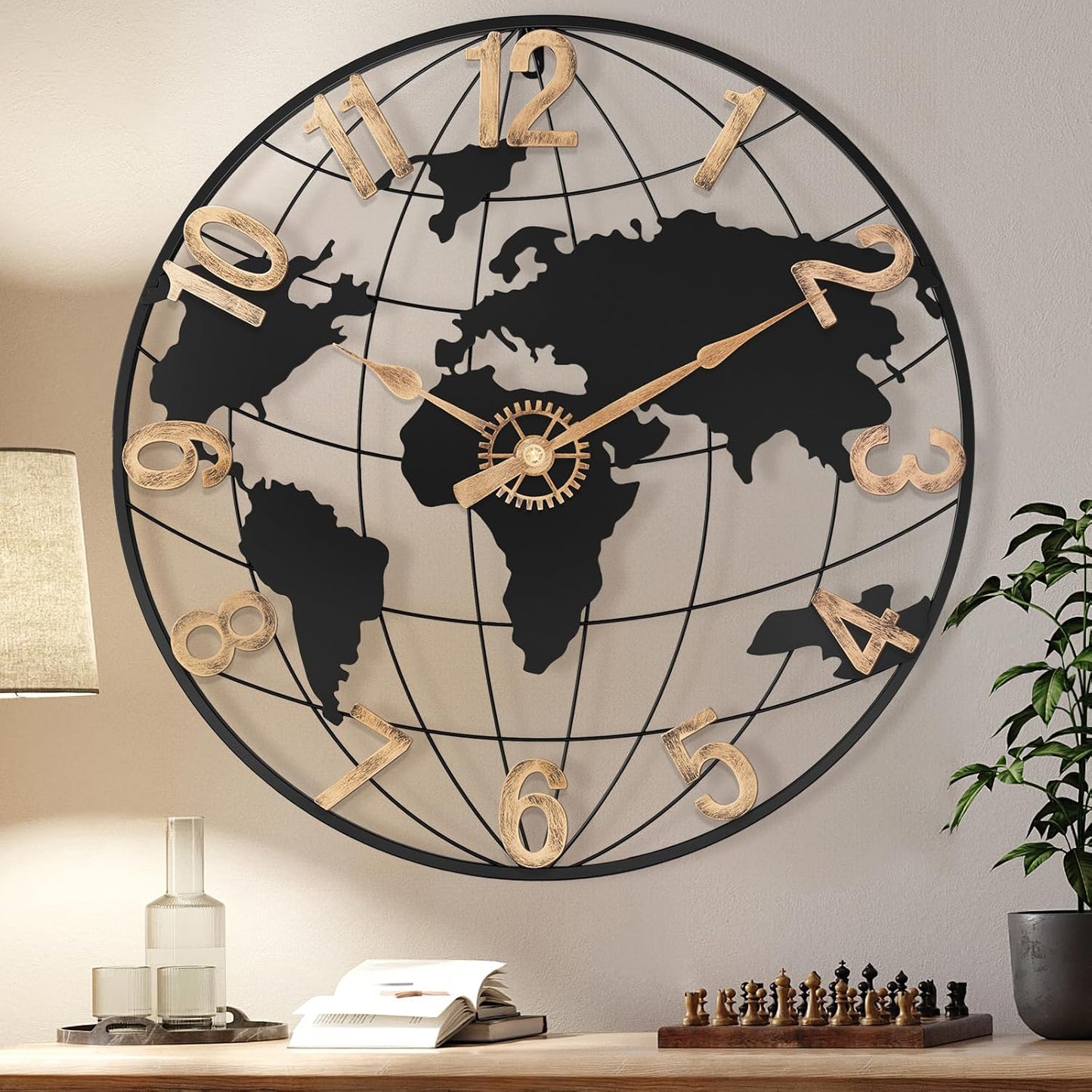 24 Inch Large Wall Clock for Living Room Decor,Big Modern Decorative Silent Metal World Map Wall Clock with Vintage Gold Arabic Numeral for Office,Living Room,Kitchen,Dining Room
