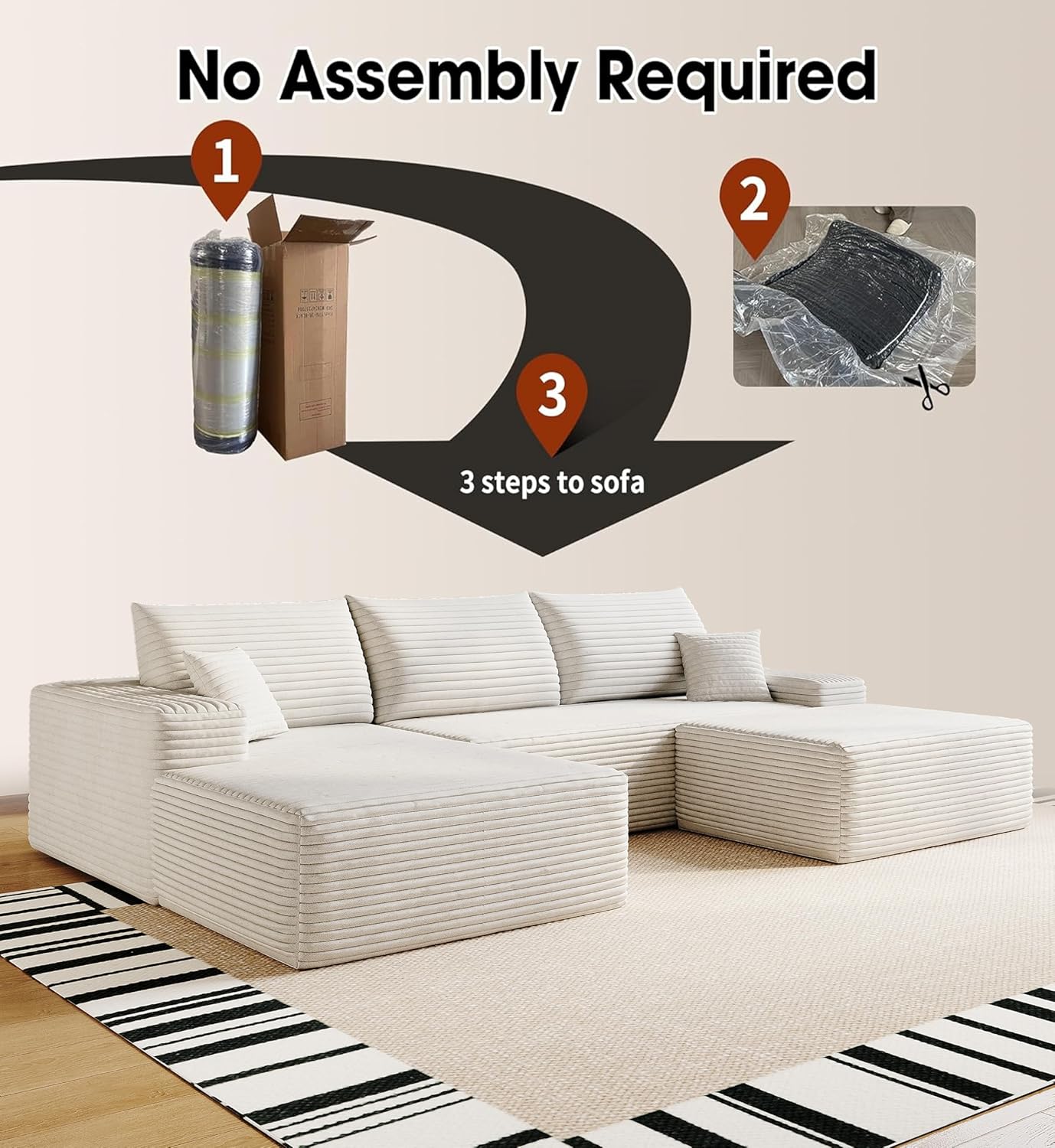 108" Sectional Couches for Living Room Modern Modular Sofa with L-Shape Couchs Upholstered Boneless Couch Deep Seat Sectional Couch with Chaise (White, Left Facing Chaise+2Seaters+1Ottoman)