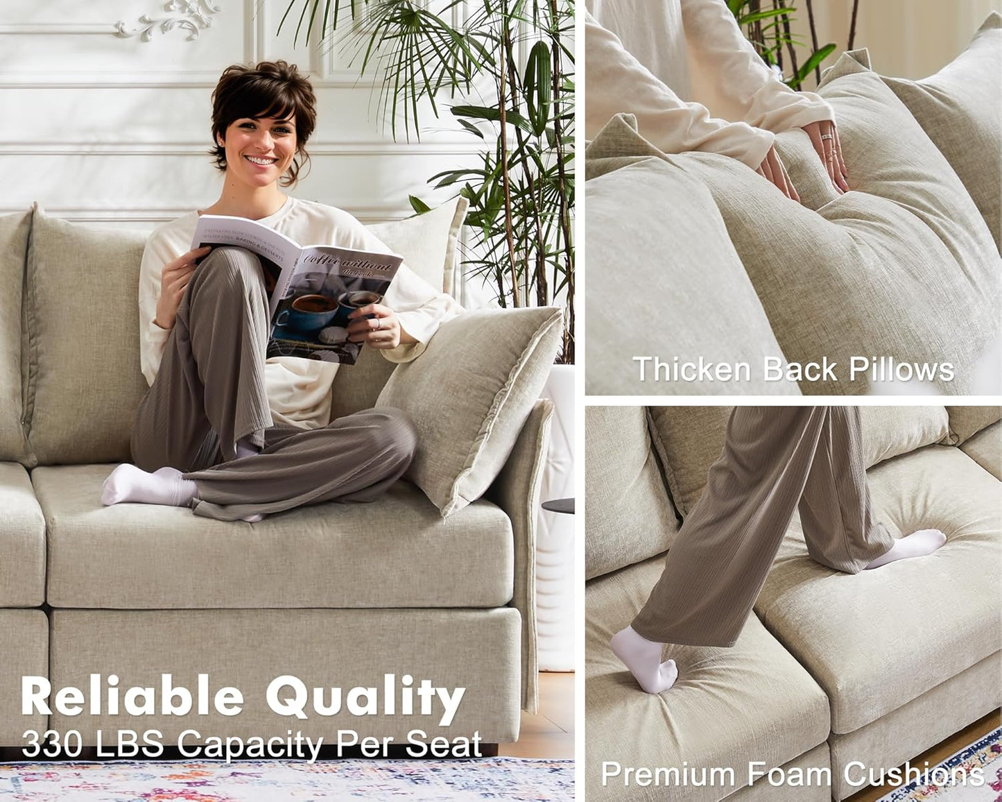 102.6" Luxury Modular Sleeper Sofa Bed 6 Seat Reversible Sectional Couch Deep Seat with Storage Chaises Removable Cover for Living Room, Apartment - Chenille Beige