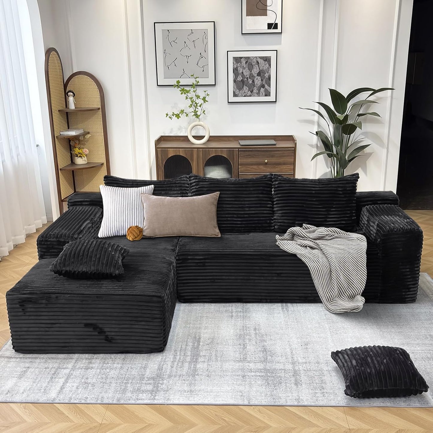 104" Modern Modular L-Shape Sofa Couch with Chaise Black Faux Rabbit Fur Cloud Sectional Couch with Deep Seat Modular Sectional Sofa No Assembly Required Upholstered Couches for Living Room Bedroom