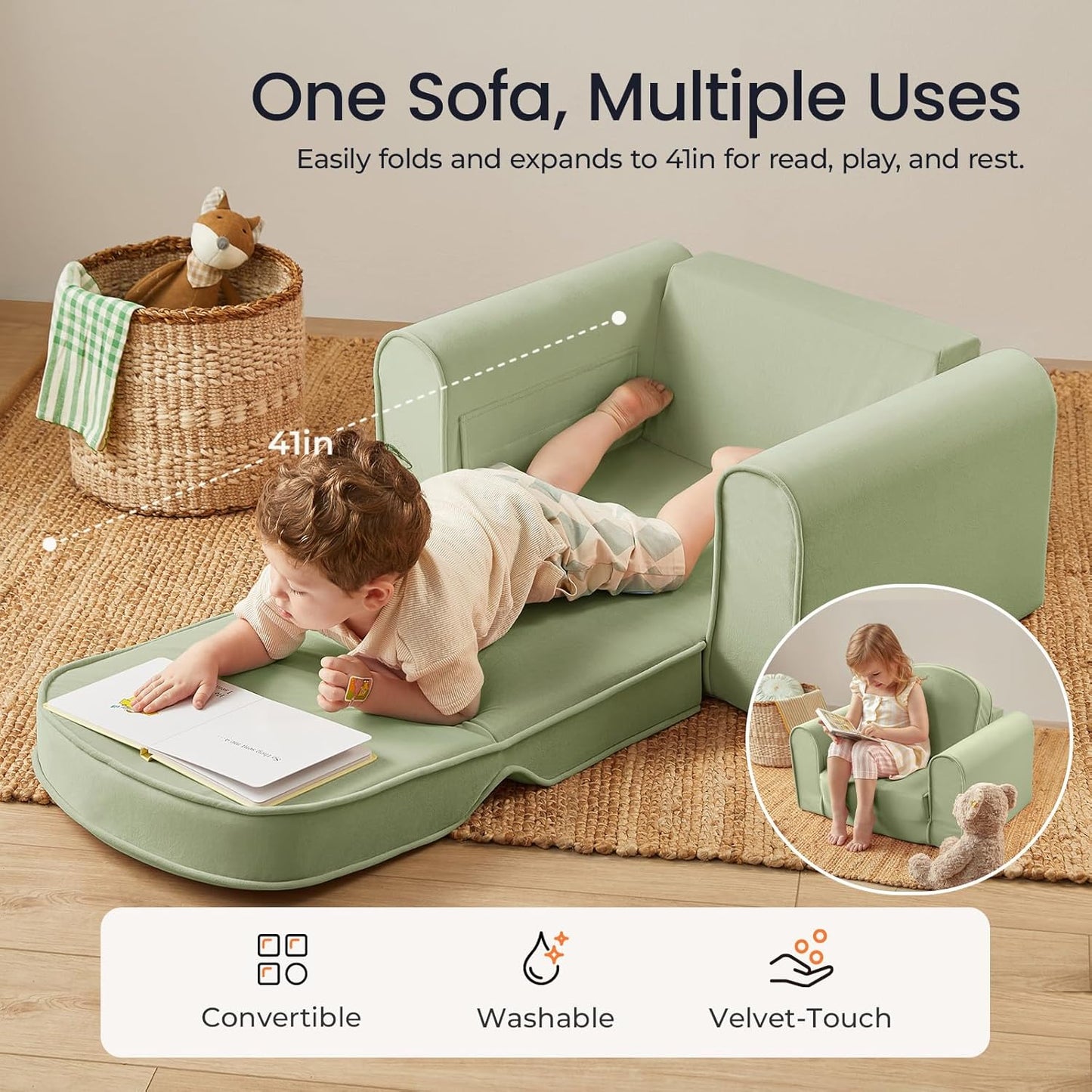 Tiny Land 2-in-1 Foldable Kids Couch with Pockets – Soft Thick Toddler Sofa, Lounger Couch, Convertible Kids Chair for Playroom, Bedroom or Living Room, Gift for Boys & Girls(Green)