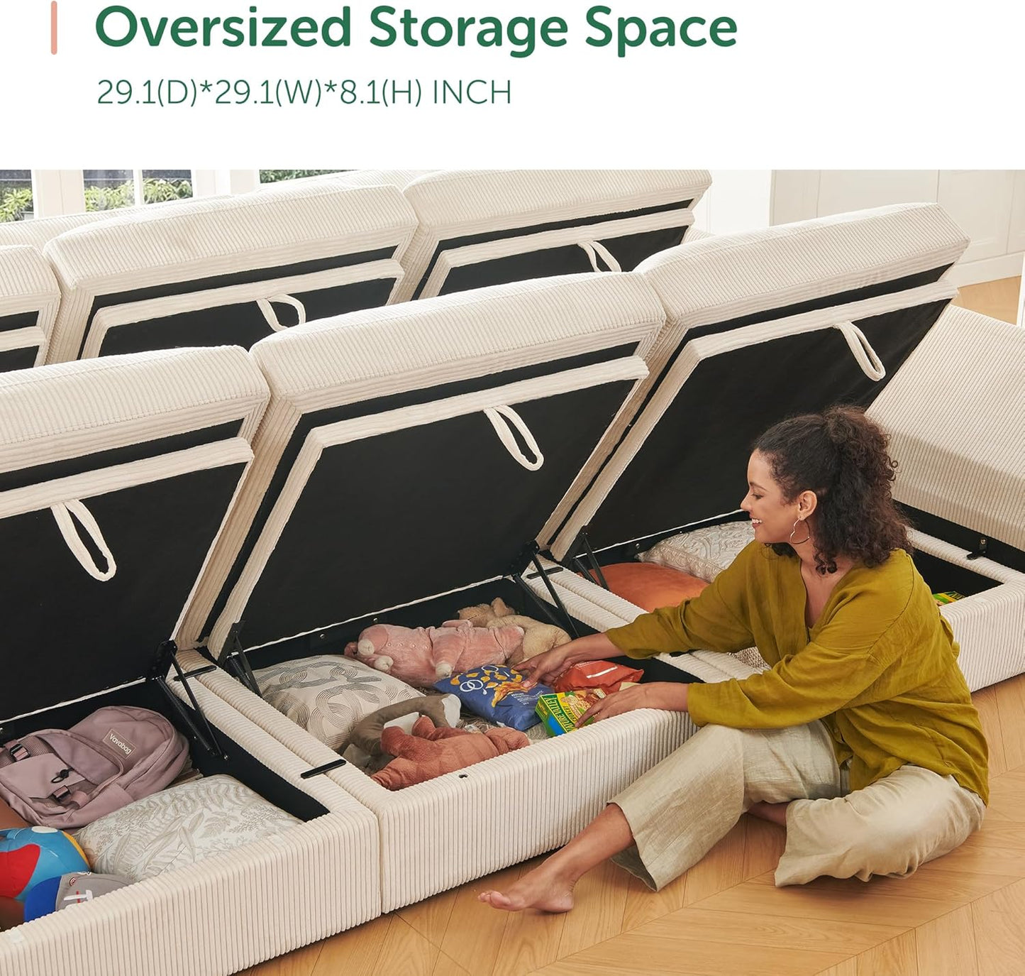 HONBAY Modular Sectional Sofa with Storage Corduroy Sectional Sleeper Sofa Modular Sectional Couches for Living Room,Beige