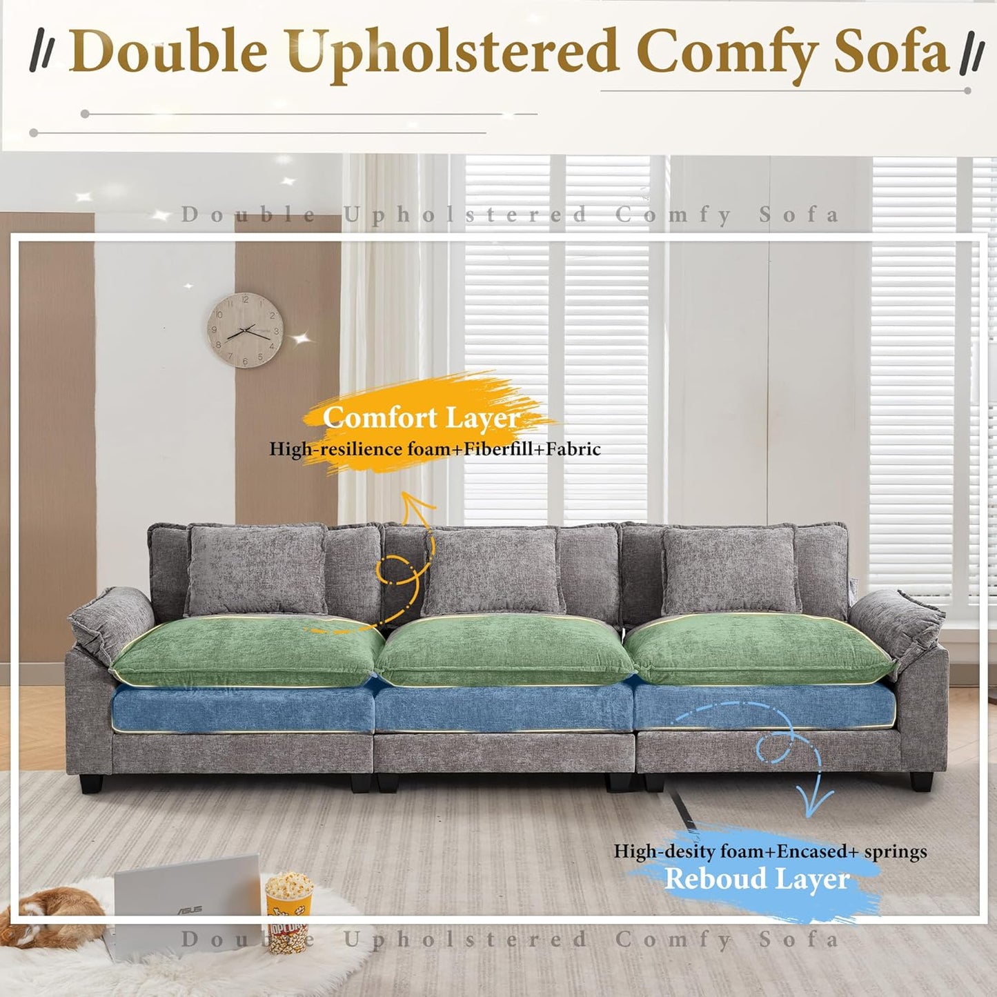 URRED Modular Sectional Sofa Comfy Cloud Couch, Modern Chenille Sofa Sleeper Deep Seat Couches with Ottoman/Pillows for Living Room (Gray, 117'')
