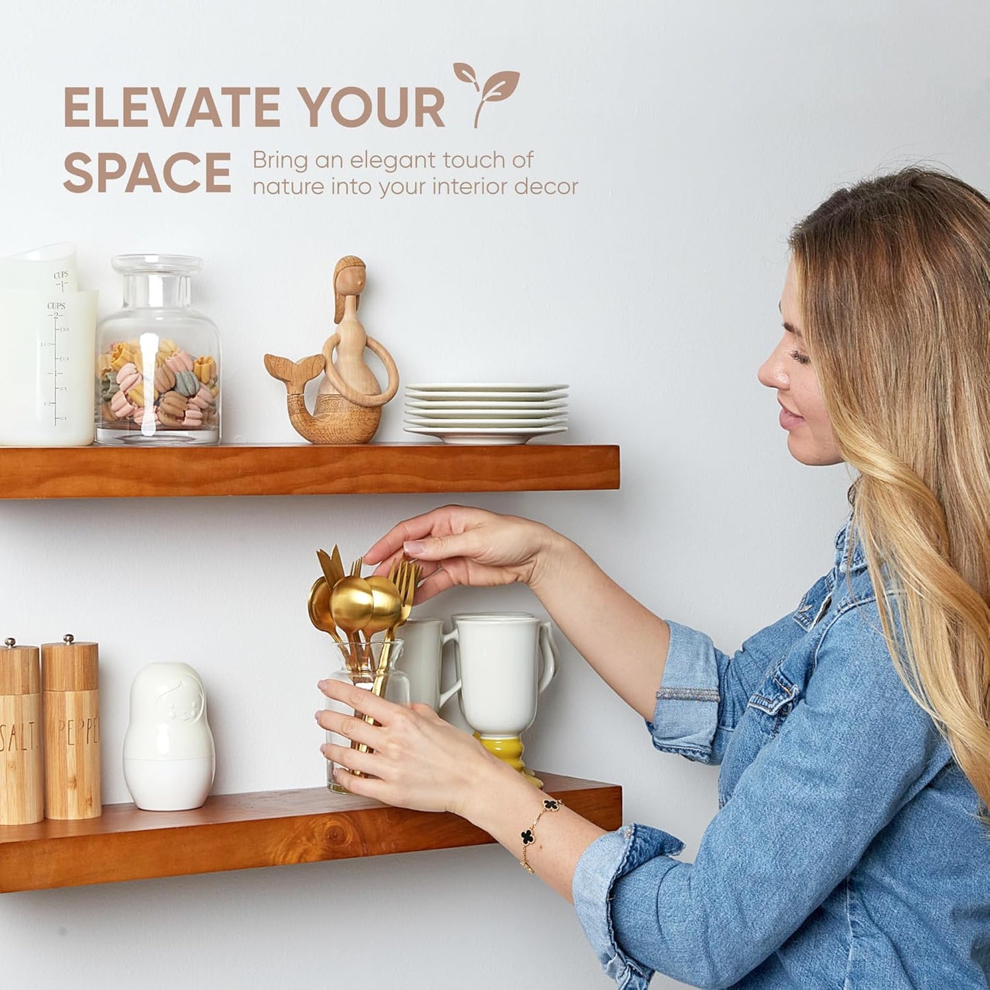 Homeforia 48 inch Oak Floating Shelf, High End Solid Real Wood 48inch Floating Shelves for Wall Mounted, Honey Oak Wooden 48in Large Floating Shelves, Heavy Duty Bracket, 48 X 6.5 X 1.75 in, Set of 2