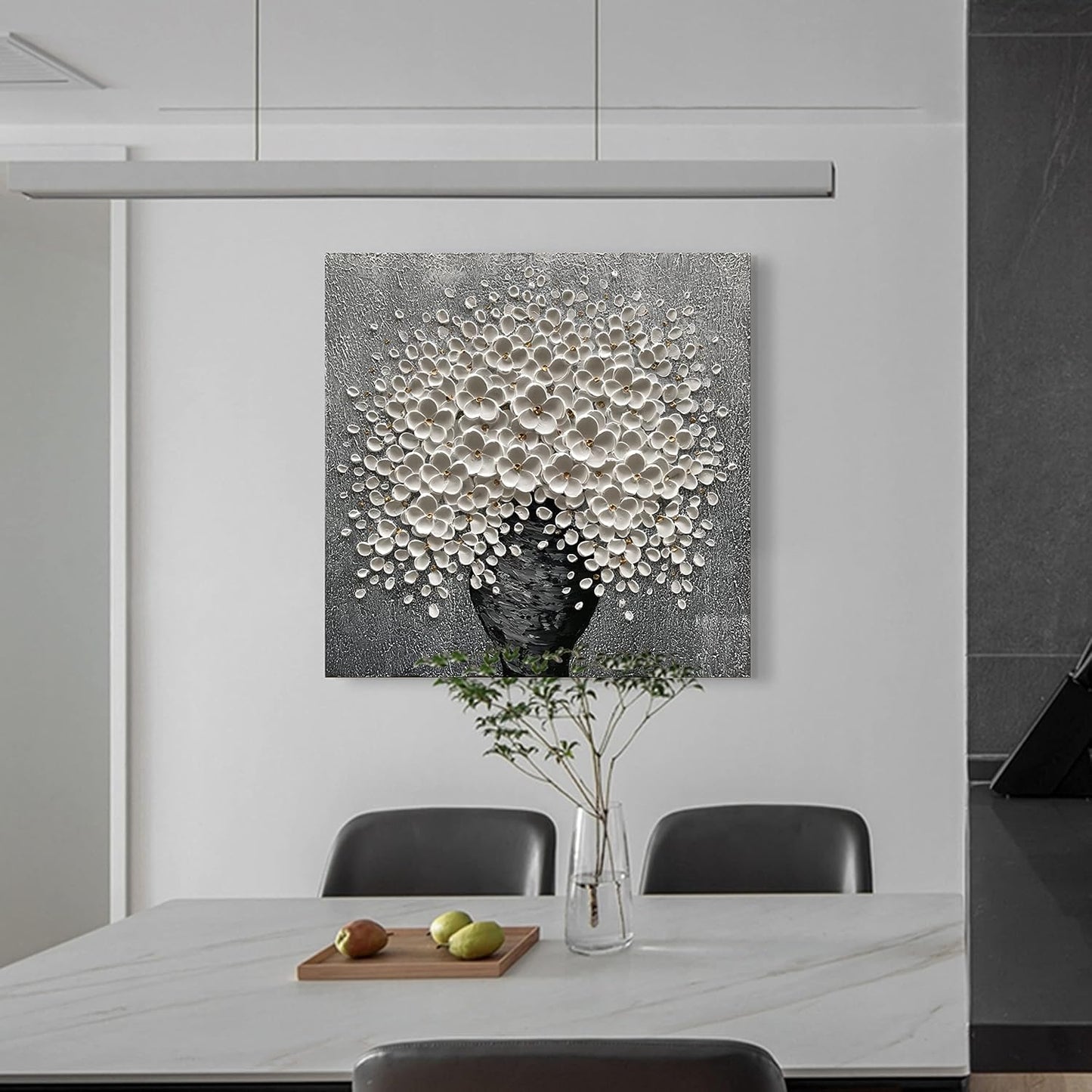 100% Hand-Painted White Flower Art Oil Painting, Modern Home Furnishing Canvas Painting Decoration, 3D Abstract Mural Painting,24x24 inch Frame Wall Art Hanging