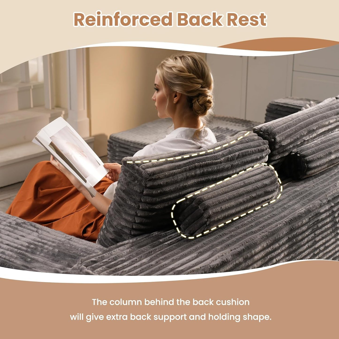 HOOOWOOO Cloud Sectional Couches for Living Room,Modular Sectional Sofa No Assembly,133X70 Inch Plush Corduroy Large U Shaped Floor Couch Set with Deep Seat Chaise Lounge(Gray)