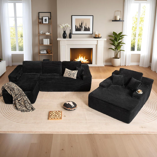 HOOOWOOO Cloud Sectional Couches for Living Room,Modular Sectional Sofa No Assembly,Plush Corduroy Large Floor Couch Furniture Set with Deep Seat Left L Shape and Chaise Lounge(Black)