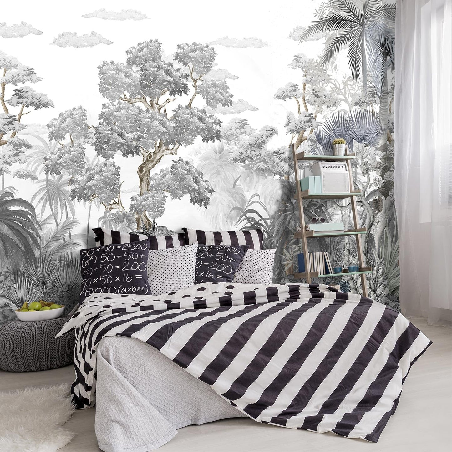 -Tropical Rainforest Botanical Grey Jungle Forest Fabric Wallpaper Living Room Palm Leaf Plant Bedroom Bathroom Large Wall Mural- 137"x96"（ not Peel and Stick）