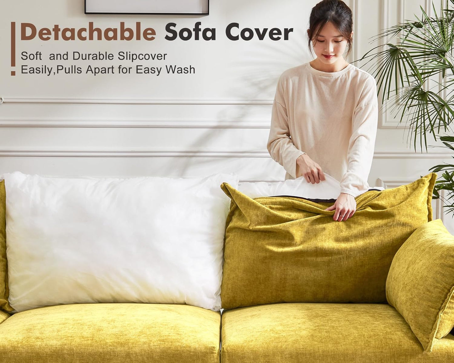 102.6" Modular Sectional Sofa, Oversized 3-Seater Couch with Removable Yellow Chenille Fabric Cover, Deep Seat & High Backrest for Living Room, Office & Apartment