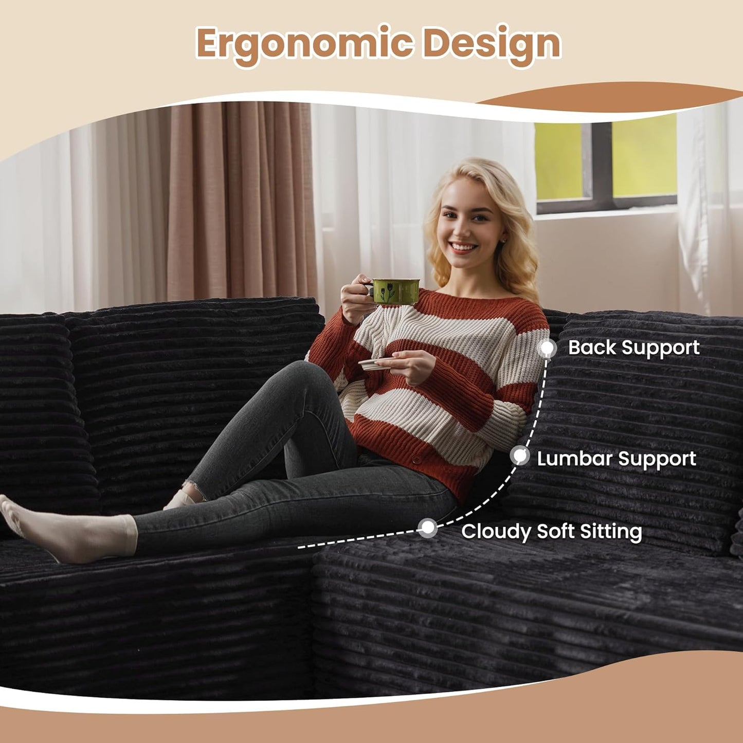 HOOOWOOO Cloud Sectional Couches for Living Room,Modular Sectional Sofa No Assembly,133X108 Inch Plush Corduroy Large U Shaped Floor Couch Set with Deep Seat Right Chaise(Black)