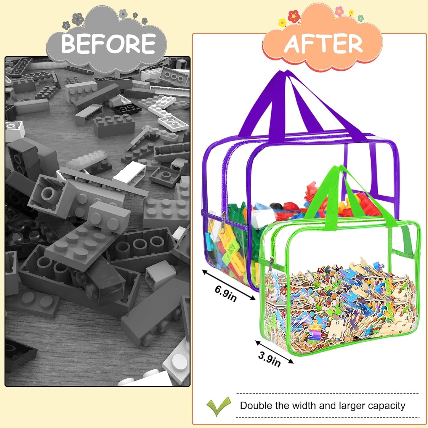 6 Colors Large Toy Storage Bags with Labels, Reusable Clear PVC Board Game Storage, Travel Waterproof Organizer Bags with Zipper for Building Blocks, Puzzle, Kids Books(3 large & 3 Widen X-Large)