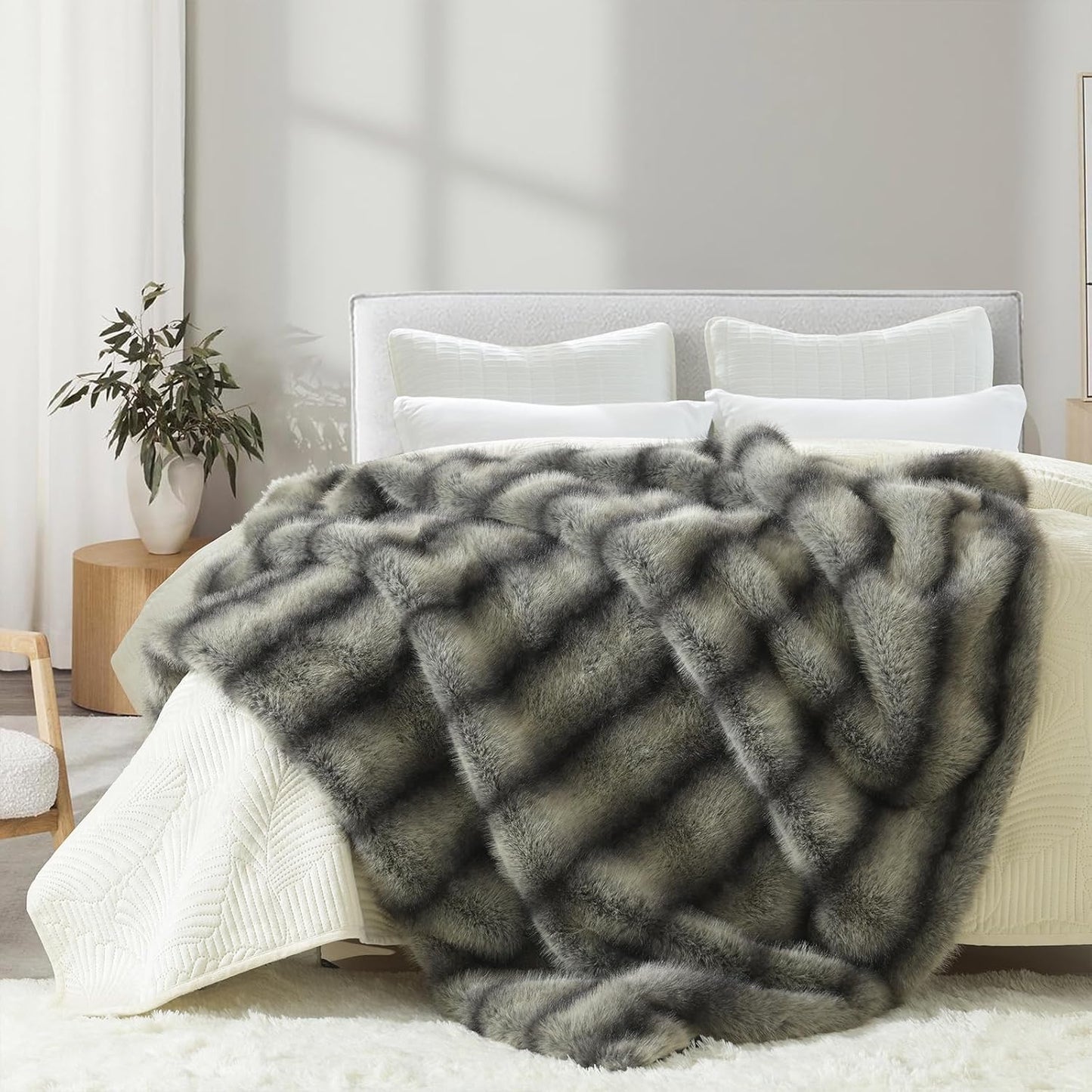 HORIMOTE HOME Luxury Faux Fur Throw Blanket, Non-Shedding 50"x60" Fur Blanket Throw, Ultra Soft Blankets for Bed, Couch and Sofa, Premium Soft, Thick Fluffy Throws, Gray Black Stripes
