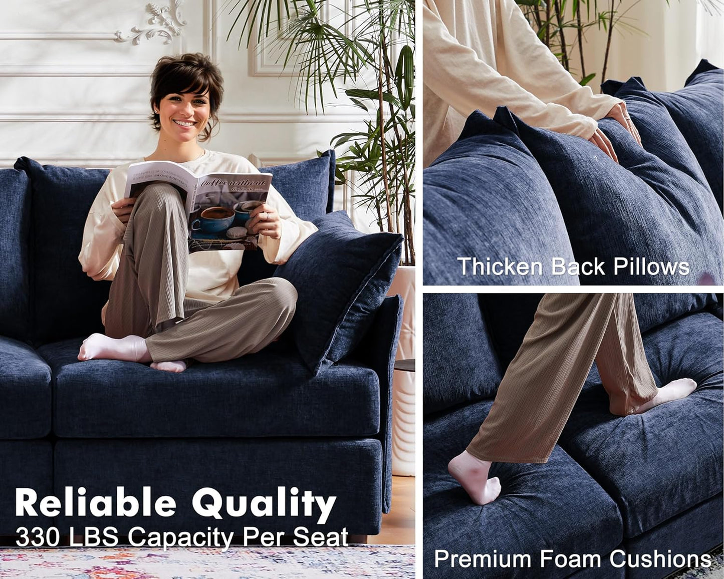 102.6" U Shaped Modular Sectional Sofa, 5 Seater Couch with Storage Ottoman Deep Seat and High Backrest with Removable Cover for Living Room, Apartment - Chenille Blue