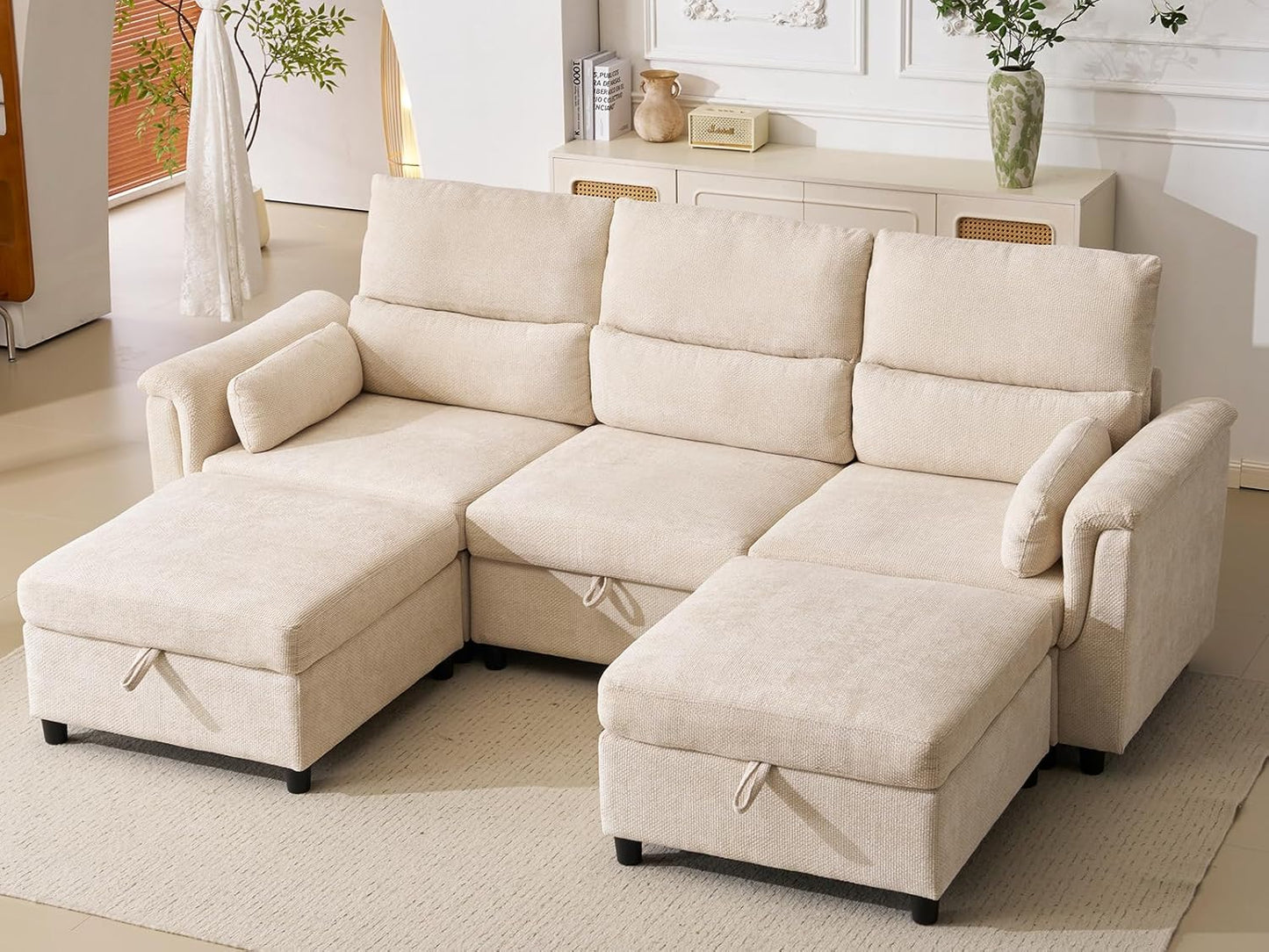 103''U Shaped Modular Sectional Sofa, Comfy Cloud Sectional Couch with Storage Ottoman, Chenille Deep Seat Modern Modular Sofa with 2 Throw Pillows for Living Room,Beige