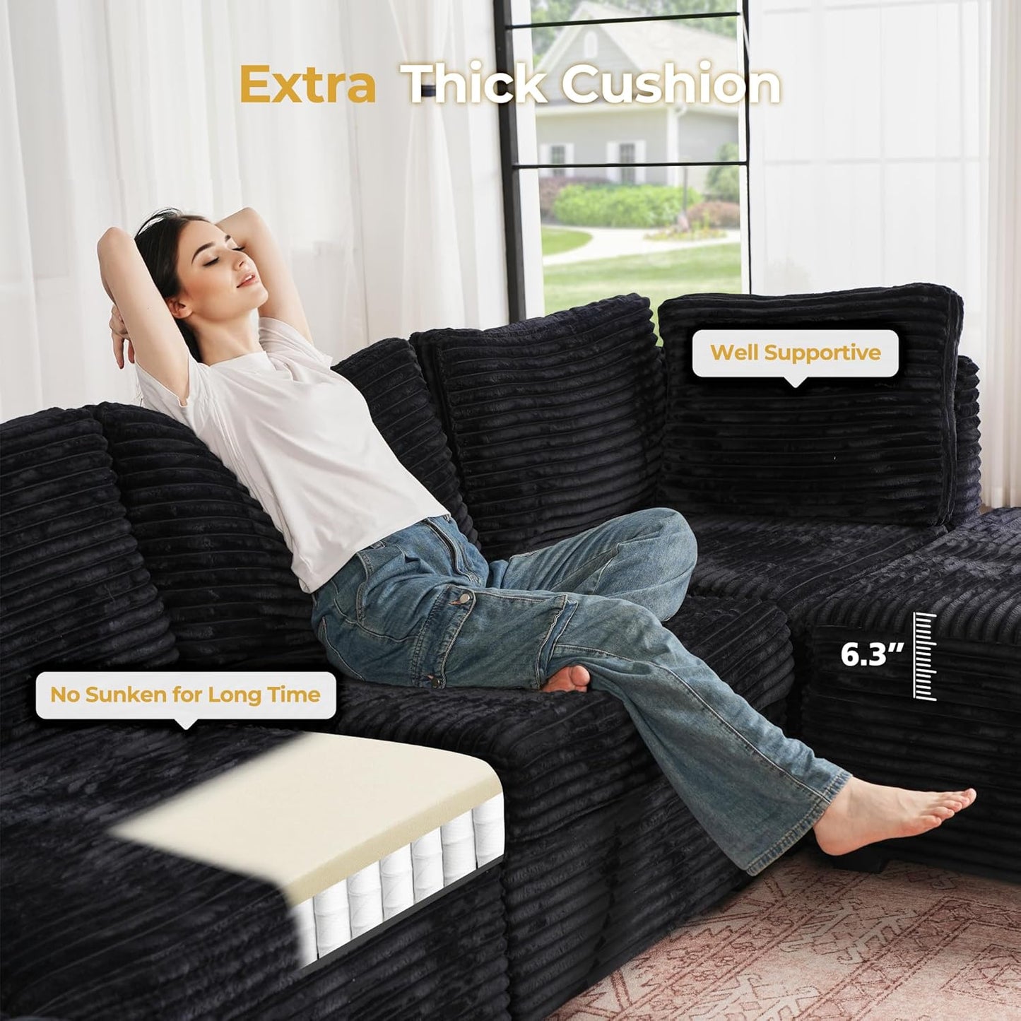 HOOOWOOO Modular Sectional Sofa,8 Pieces Sectional Couches for Living Room,131X98 L Shaped Cloud Couch with Ottoman Chaise Set(Black Velvet Corduroy)