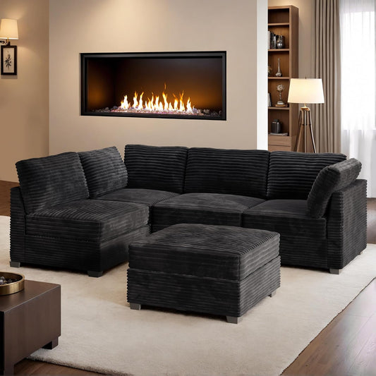 HOOOWOOO Modular Sectional Sofa,5 Pieces Sectional Couches for Living Room,98X55 L Shaped Cloud Couch with Ottoman Chaise Set(Black Velvet Corduroy)