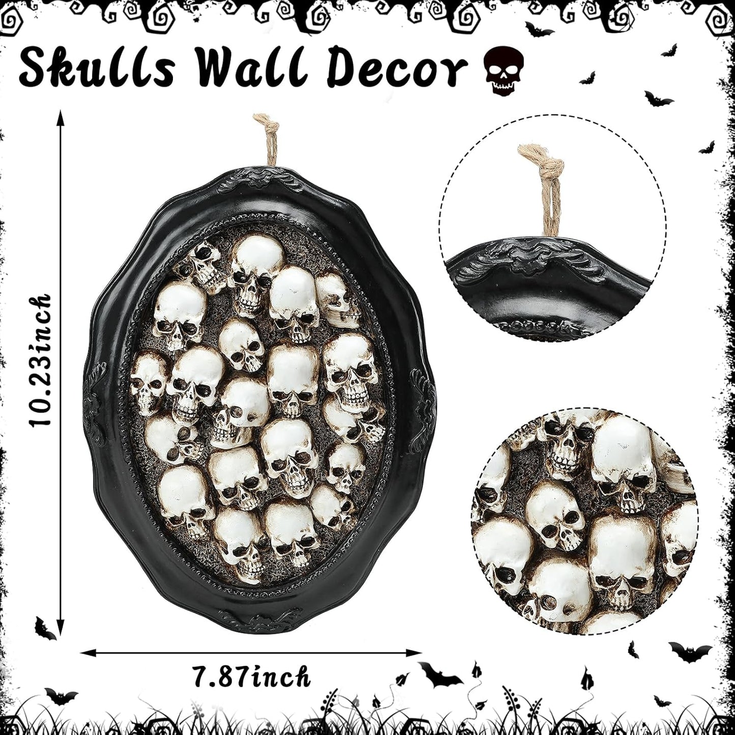 10.2" Halloween Skull Decorations, Gothic Skeleton Head Halloween Hanging Wall Decor, Resin Skull Sculptures for Halloween Indoor Outdoor Holiday Party Home Decoration