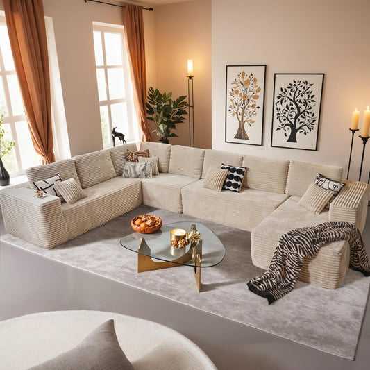 HOOOWOOO Cloud Sectional Couches for Living Room,Modular Sectional Sofa No Assembly,165X110 Inch Plush Corduroy Large U Shaped Floor Couch Set with Deep Seat Chaise Lounge(Beige)