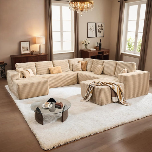 HOOOWOOO Cloud Sectional Couches for Living Room,Modular Sectional Sofa No Assembly,136X133 Inch Plush Corduroy Large G Shaped Floor Couch Set with Deep Seat Chaise Ottoman(Beige)
