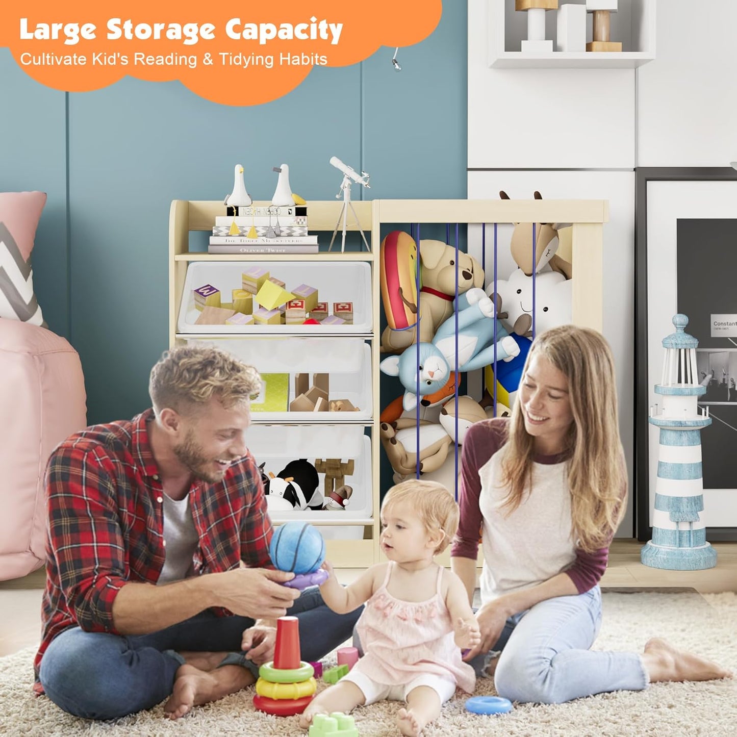 Kids Toy Storage Organizer with 3 Removable Plastic Bins Toddler Montessori Bookshelf with Stuffed Animal Net Holder Baby Bookcase Plush Organizer for Playroom, Bedroom,,Kids Room,Classroom,Nursery