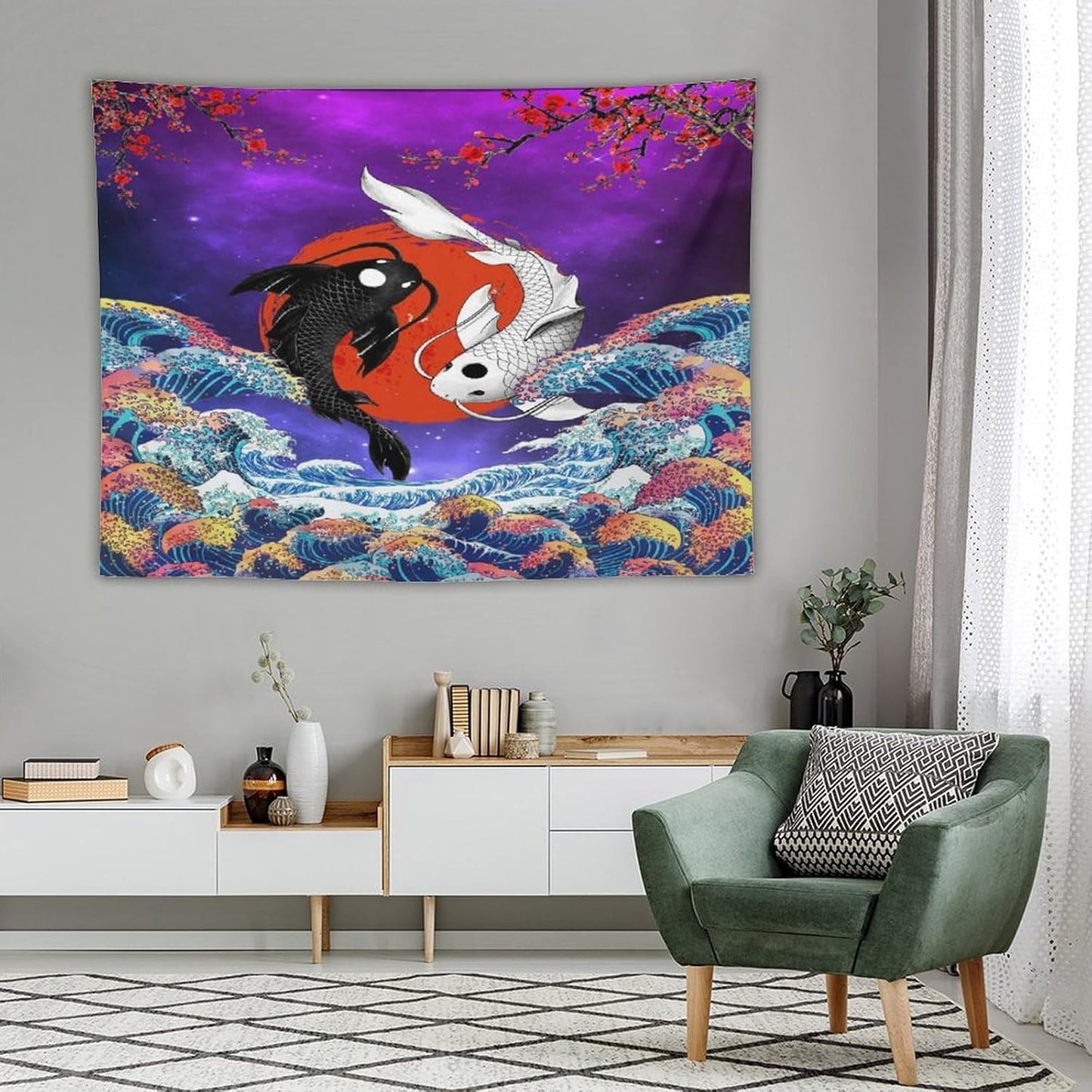 Houselerax Japanese Koi Fish Tapestry, Yin Yang Big Wave Cherry Blossom Tapestries Wall Hanging for Bedroom Living Room Office Decor 80"x60"